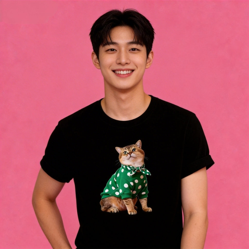 Man wearing Sunny Brand polka dot cat t-shirt, unisex premium cotton playful tee
