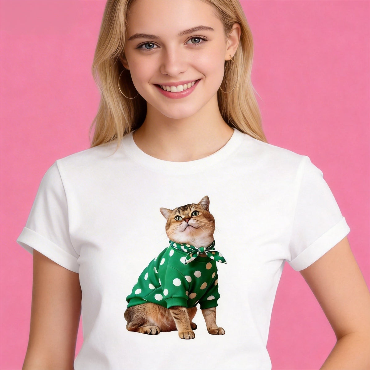 Woman wearing Sunny Brand polka dot cat t-shirt, cute retro cat graphic casual wear