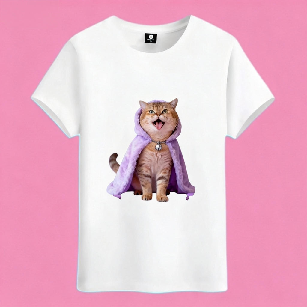 Sunny Brand purple cloak cat t-shirt, front view of happy orange cat in purple hooded cloak printed on cotton tee