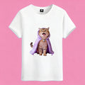 Sunny Brand purple cloak cat t-shirt, front view of happy orange cat in purple hooded cloak printed on cotton tee