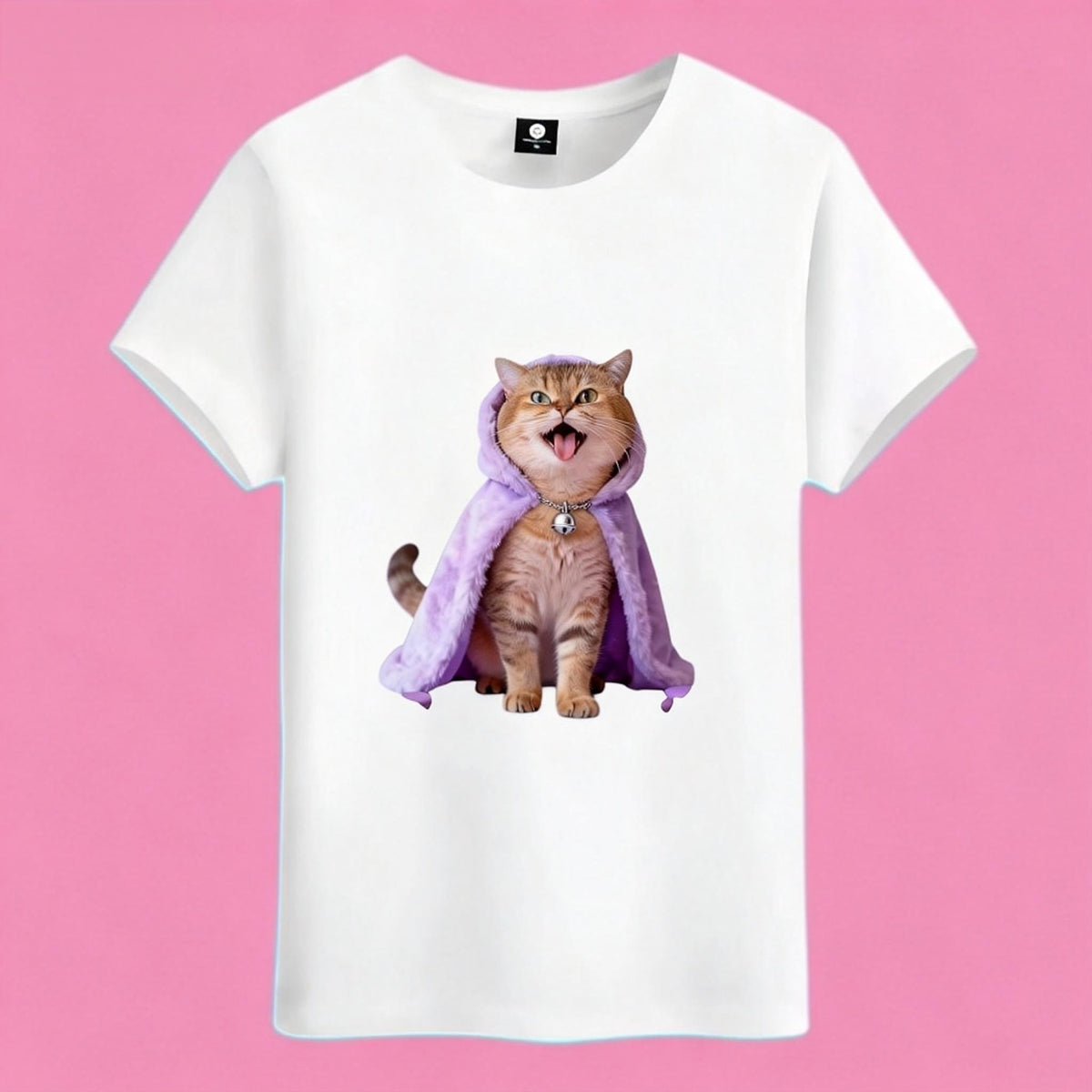 Sunny Brand purple cloak cat t-shirt, front view of happy orange cat in purple hooded cloak printed on cotton tee