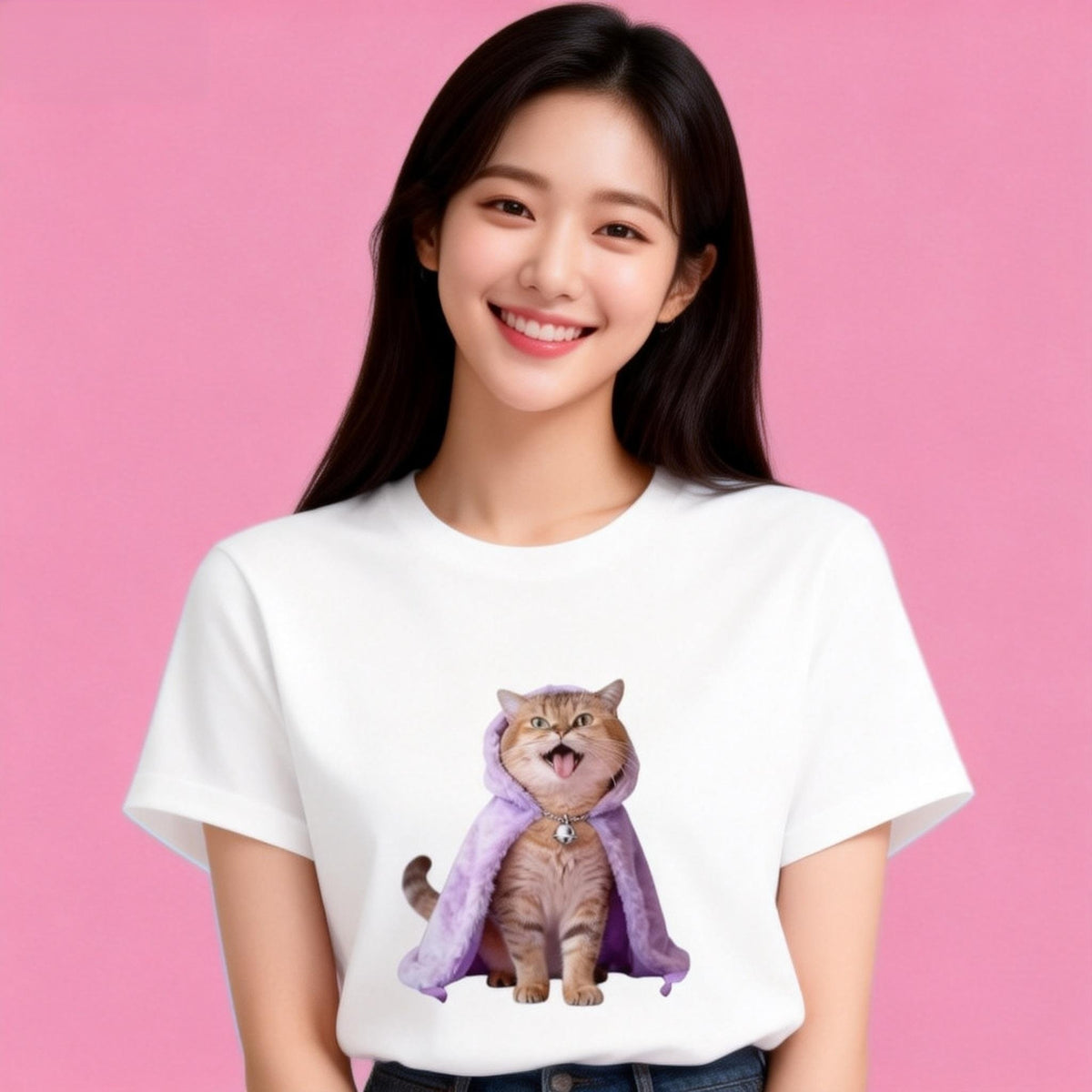 Woman wearing Sunny Brand purple cloak cat t-shirt, playful cheerful cat graphic casual wear