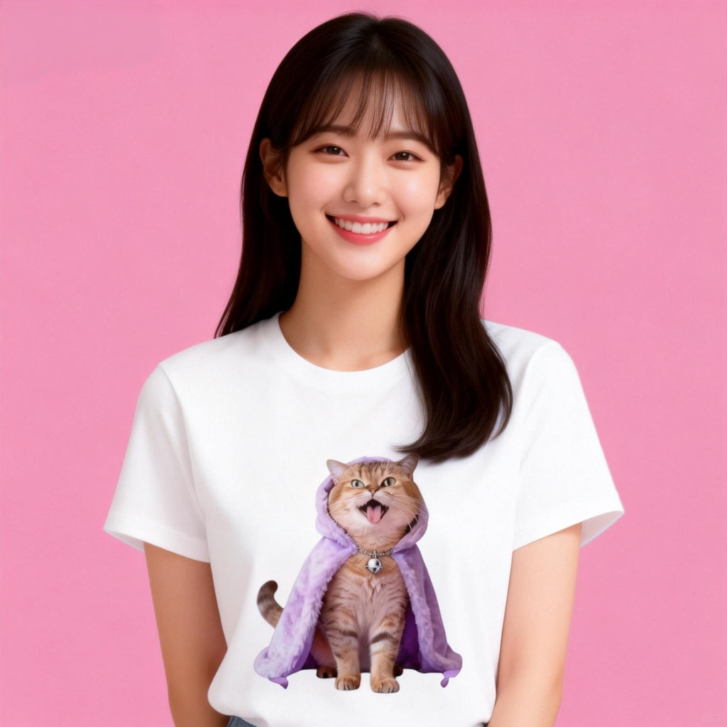 Woman wearing Sunny Brand purple cloak cat t-shirt, playful cheerful cat graphic casual wear