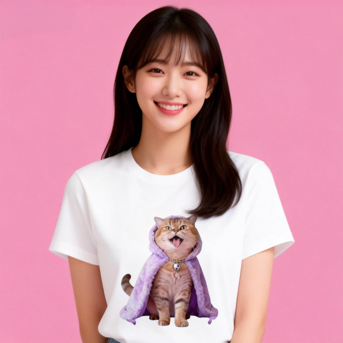Woman wearing Sunny Brand purple cloak cat t-shirt, playful cheerful cat graphic casual wear