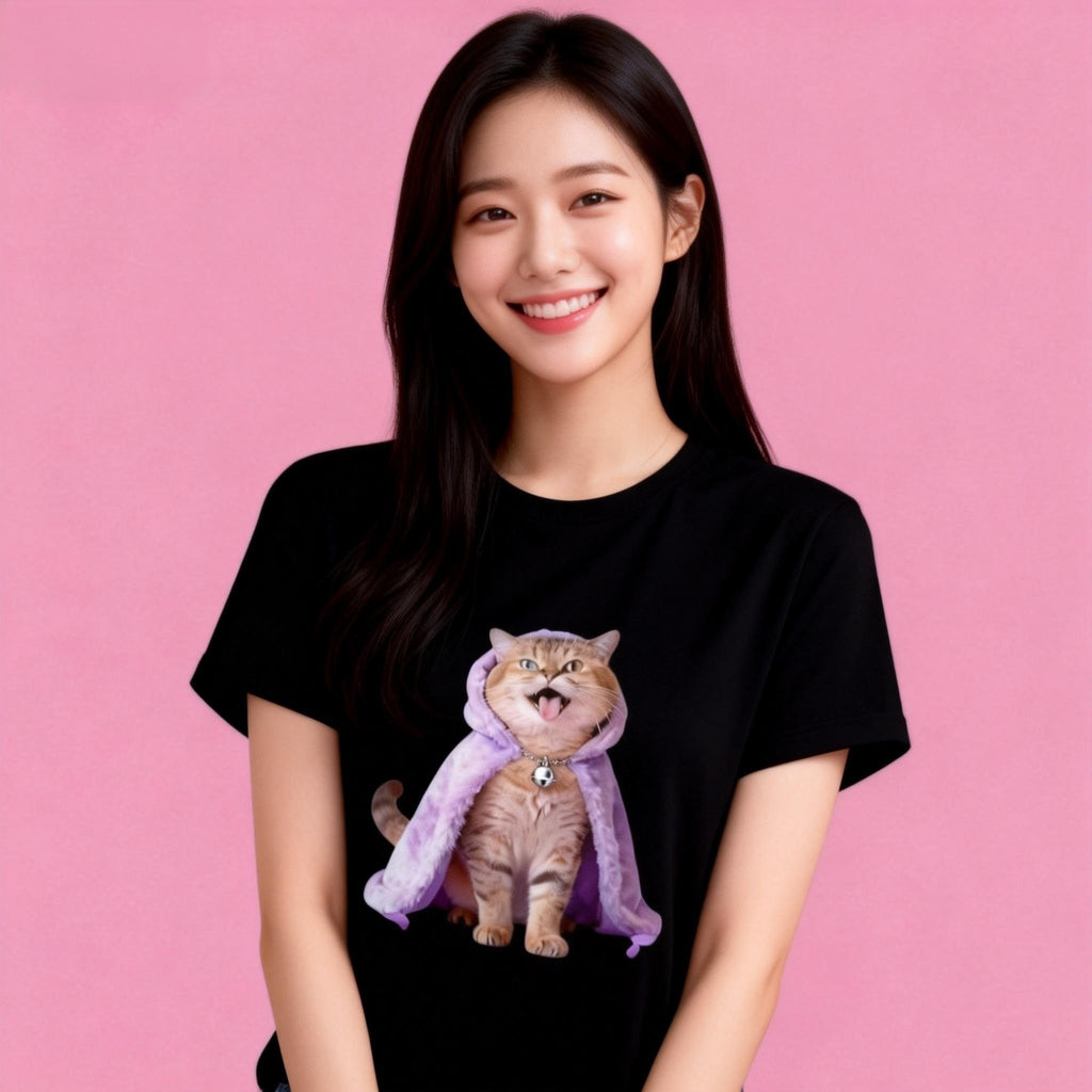 Female model in Sunny Brand happy cat cloak t-shirt, cute daily casual outfit
