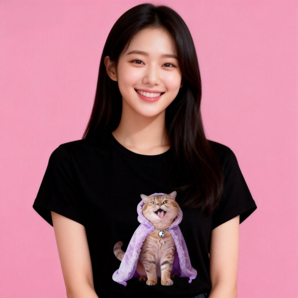 Female model in Sunny Brand happy cat cloak t-shirt, cute daily casual outfit
