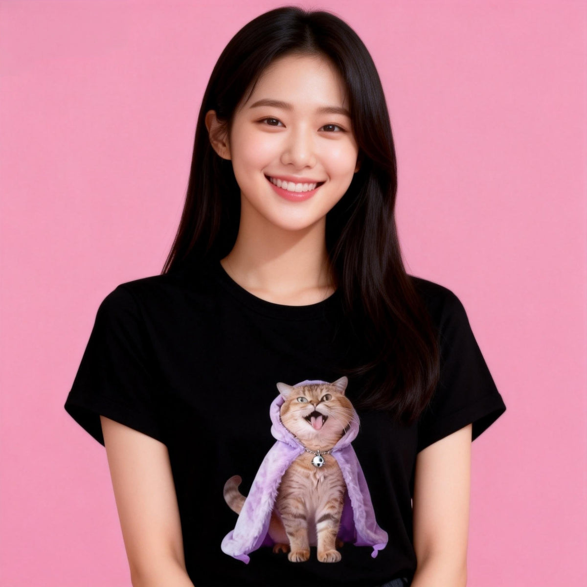 Female model in Sunny Brand happy cat cloak t-shirt, cute daily casual outfit