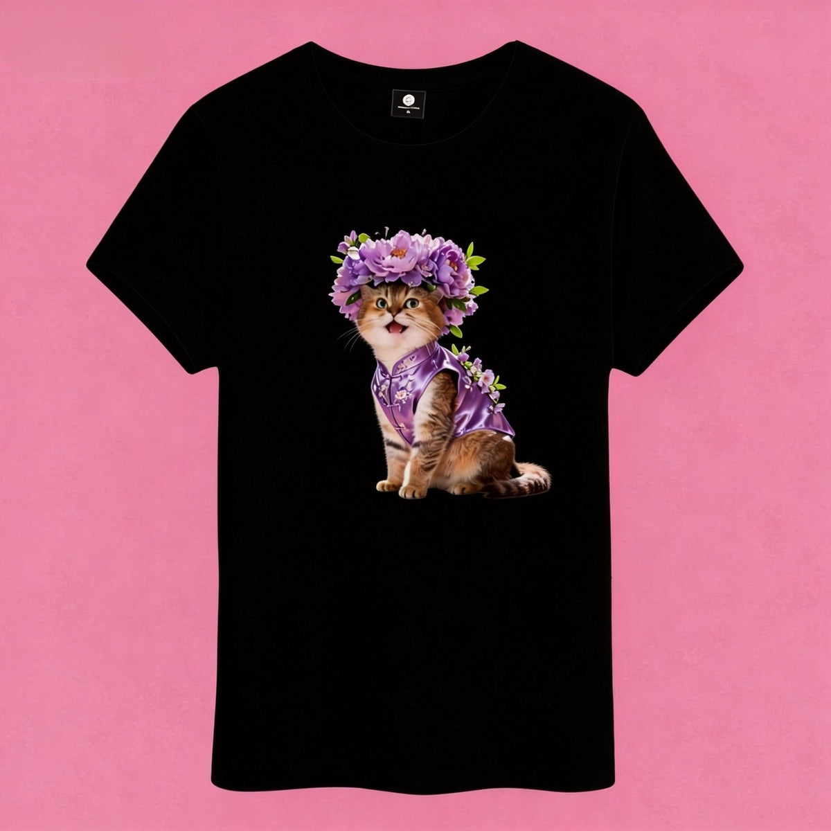 Sunny Brand purple flower cat t-shirt, front view of kitten with floral crown printed on cotton tee black color