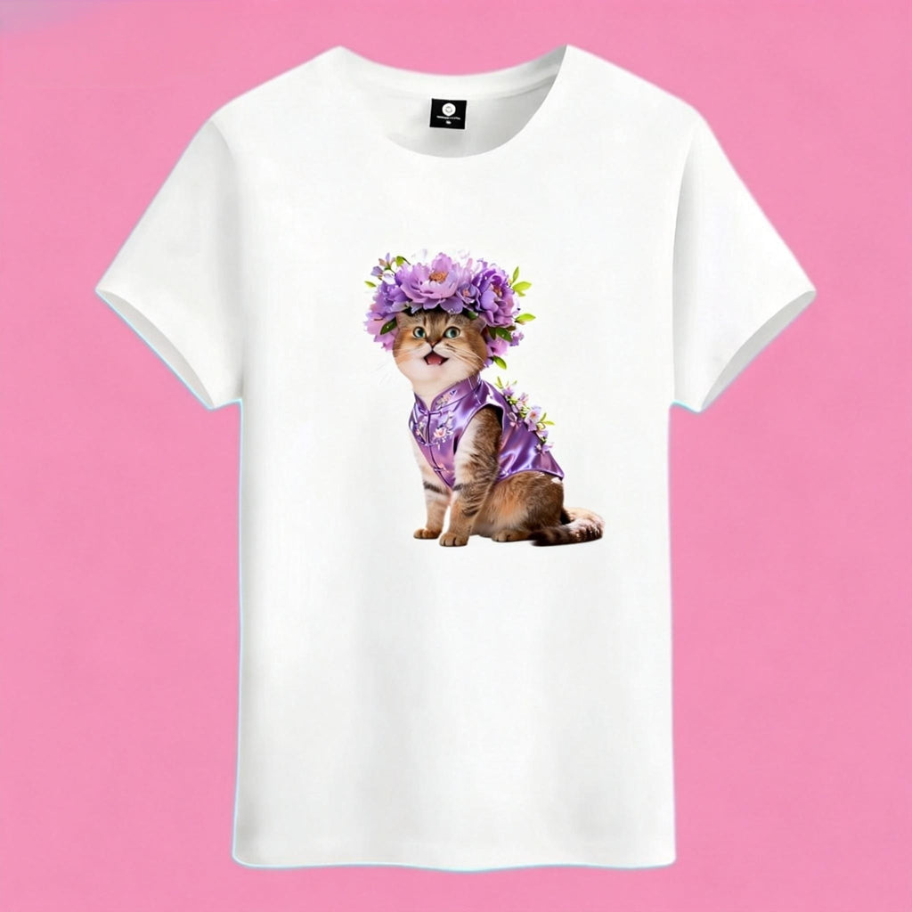 Sunny Brand purple flower cat t-shirt, front view of kitten with floral crown printed on cotton tee