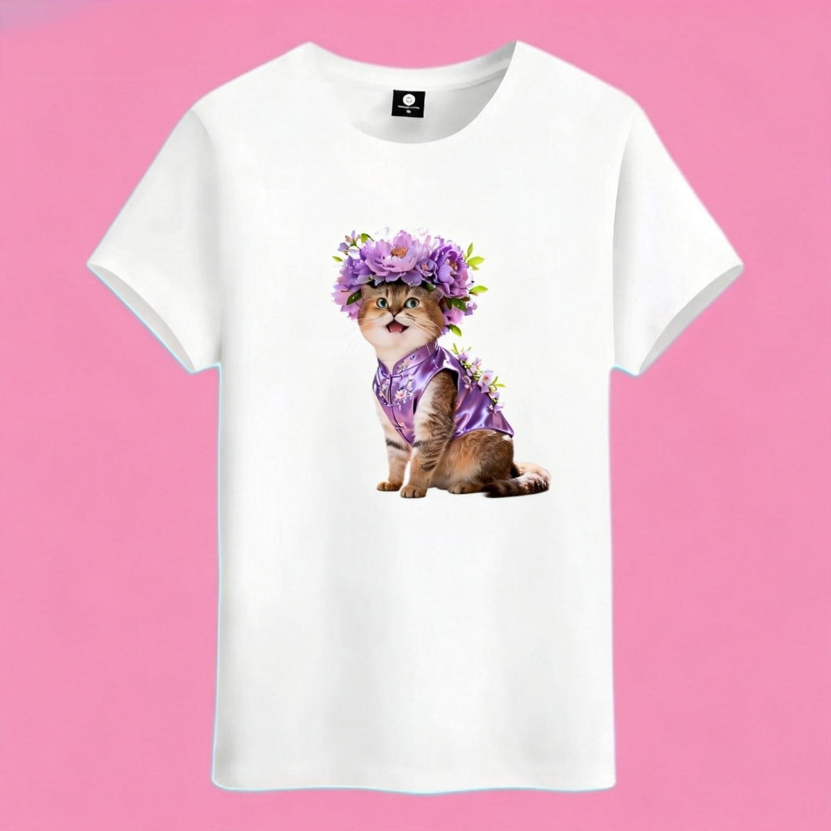 Sunny Brand purple flower cat t-shirt, front view of kitten with floral crown printed on cotton tee