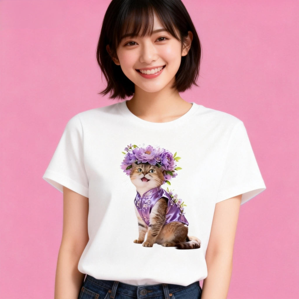 Woman wearing Sunny Brand purple flower cat t-shirt, elegant floral cat graphic casual wear