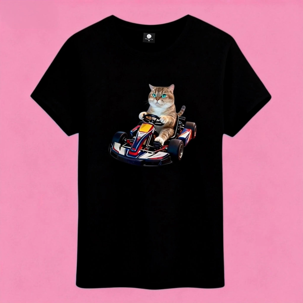 Sunny Brand t-shirt detail, print of playful racing cat graphic in go-kart