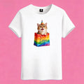 Sunny Brand rainbow love cat t-shirt, front view of cat in party hat in rainbow bag print