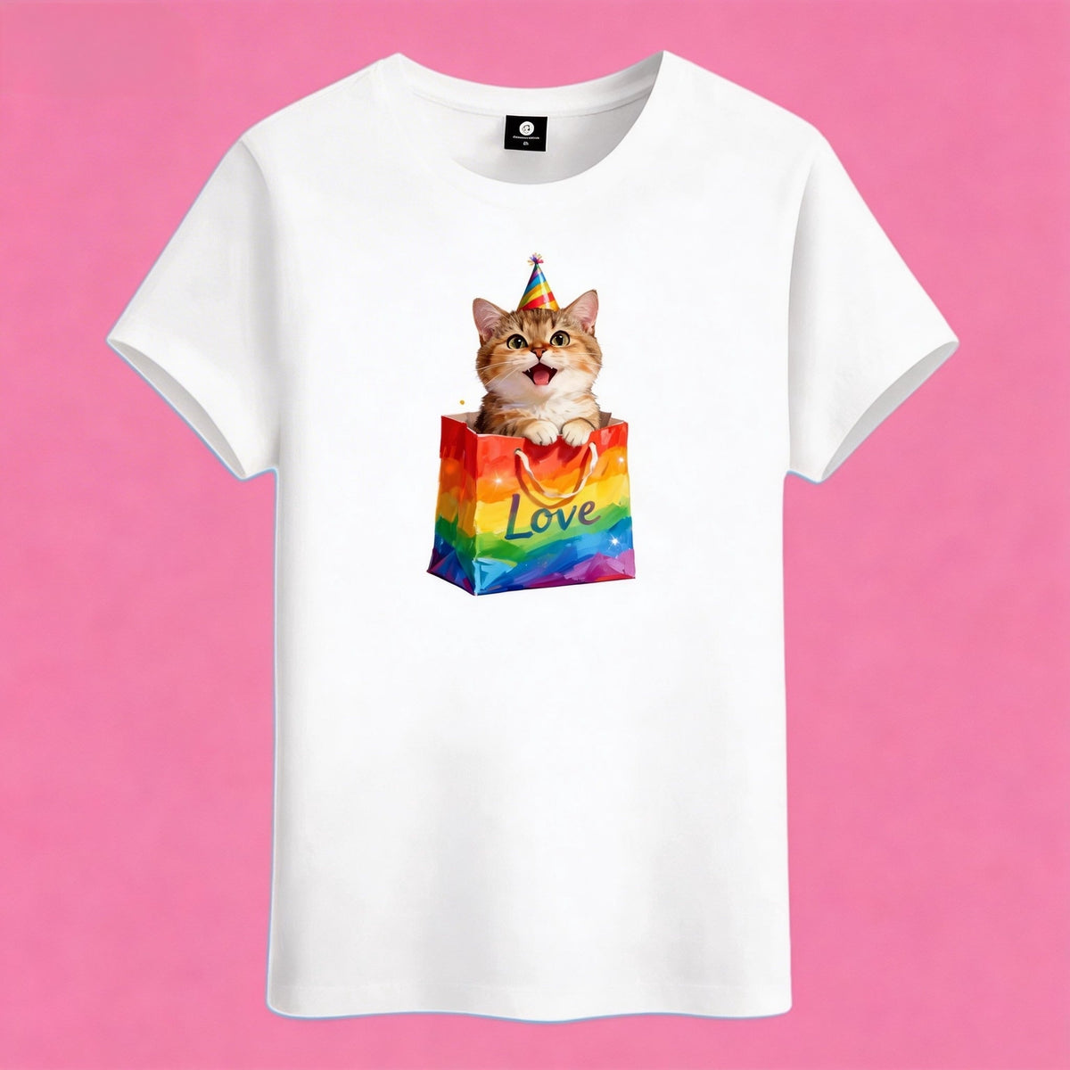 Sunny Brand rainbow love cat t-shirt, front view of cat in party hat in rainbow bag print