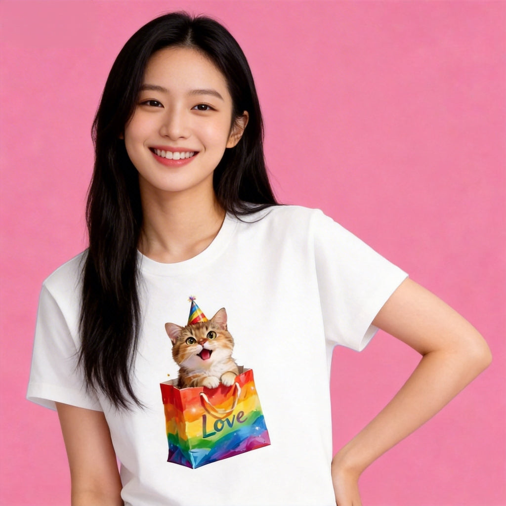 Woman wearing Sunny Brand rainbow love cat t-shirt, colorful cute cat party design