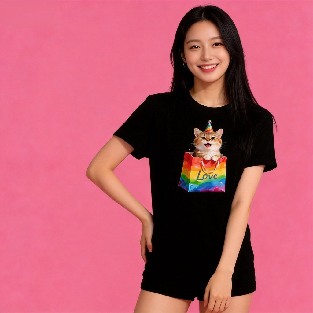 Woman wearing Sunny Brand rainbow love cat t-shirt, colorful cute cat party design