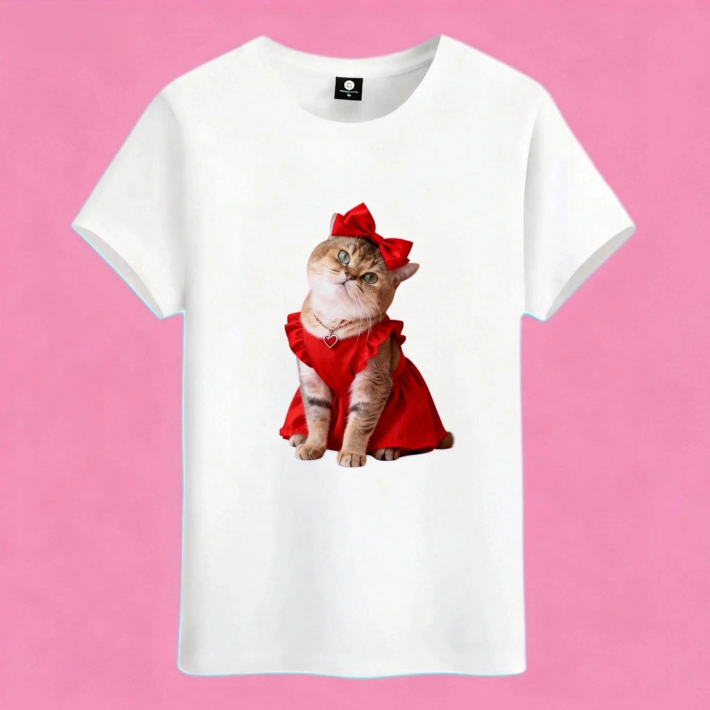 Sunny Brand red dress cat t-shirt, front view of cat in red dress printed on premium cotton tee