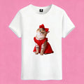 Sunny Brand red dress cat t-shirt, front view of cat in red dress printed on premium cotton tee