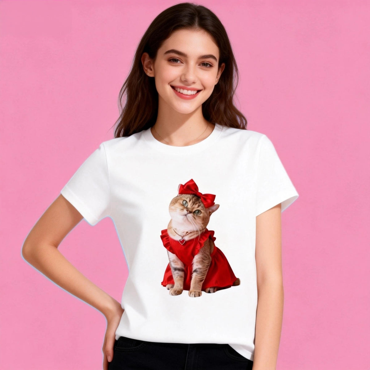 Woman wearing Sunny Brand red dress cat t-shirt, playful outfit with cute red cat graphic