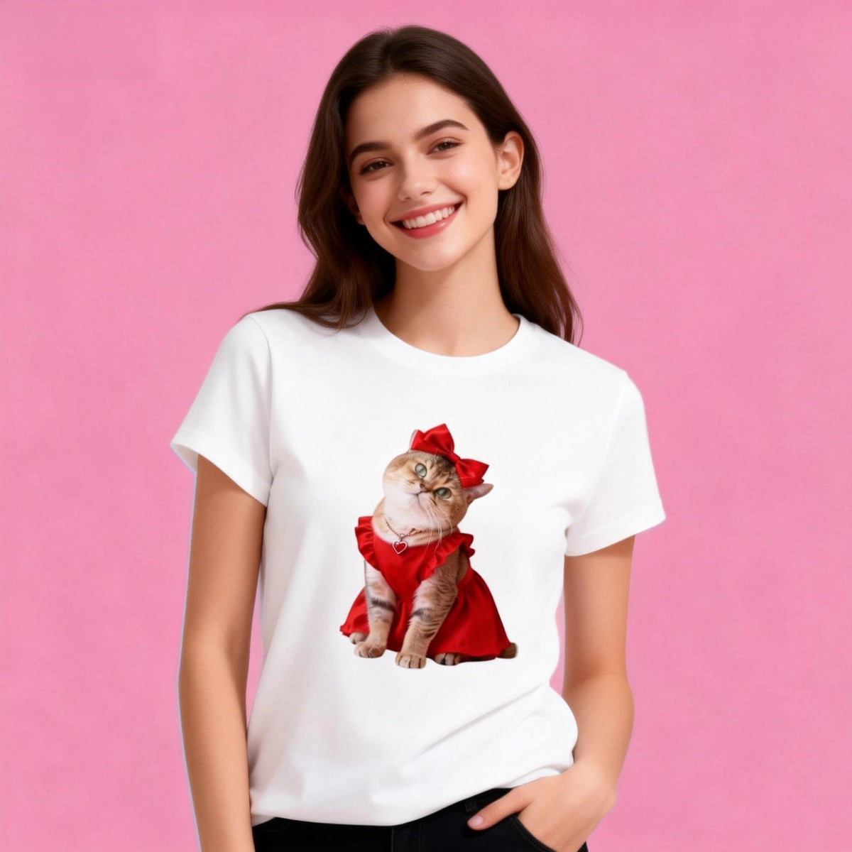 Female model in Sunny Brand red cat t-shirt, cute red dress cat design for casual wear