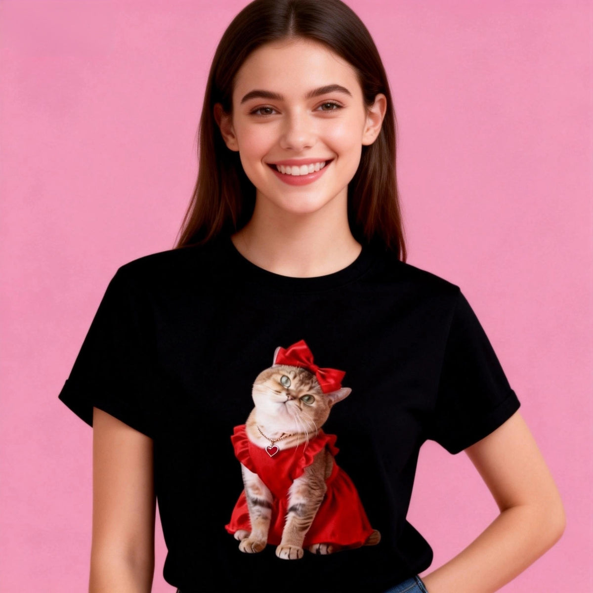 Woman wearing Sunny Brand red dress cat t-shirt, playful outfit with cute red cat graphic black color