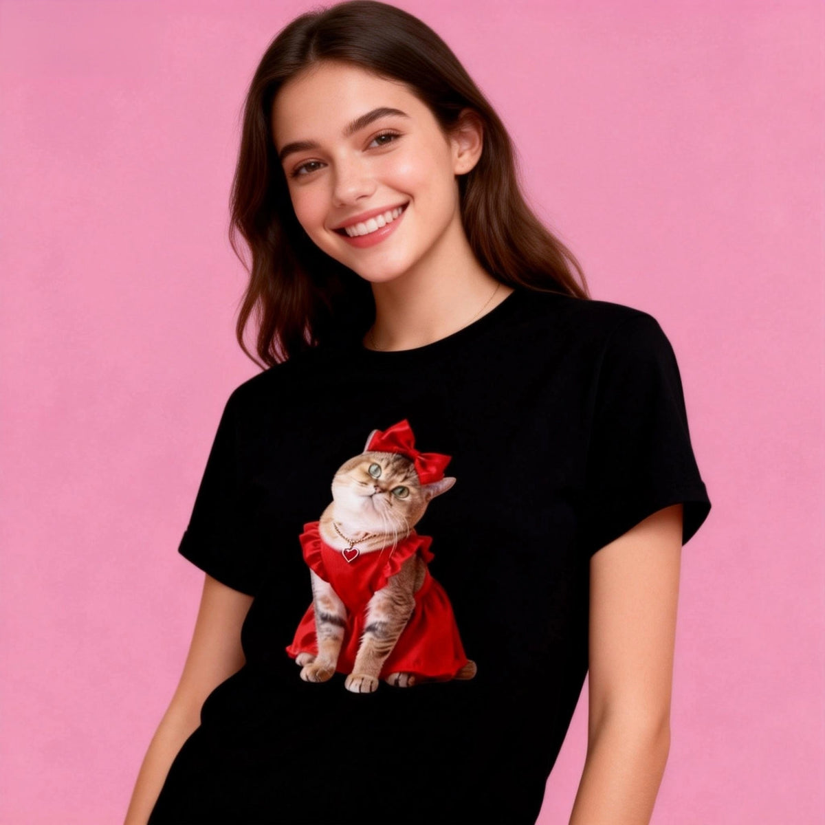 Female model in Sunny Brand red cat t-shirt, cute red dress cat design for casual wear black color