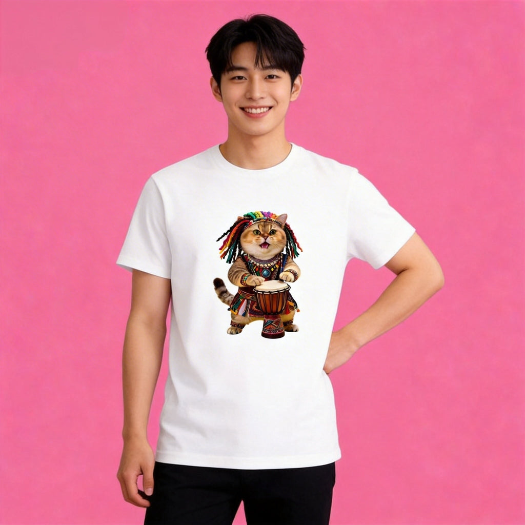 Man wearing Sunny Brand reggae cat t-shirt, unisex premium cotton bohemian tee
