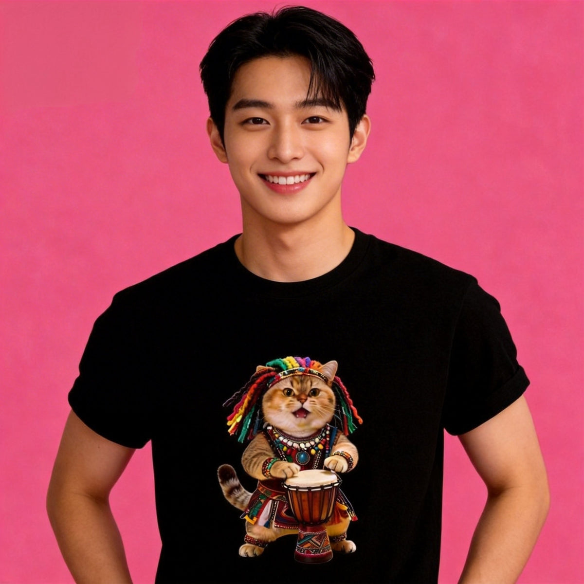 Man wearing Sunny Brand reggae cat t-shirt, bohemian music cat graphic casual wear