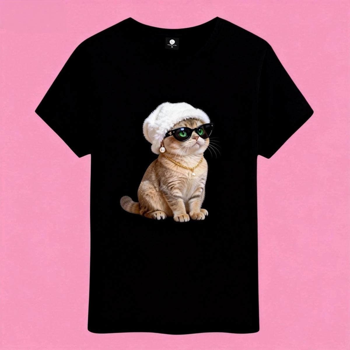 Sunny Brand t-shirt detail, close-up of chic rich cat graphic design with jewelry