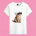 Sunny Brand rich cat t-shirt, front view of stylish cat with sunglasses and beanie printed on cotton tee