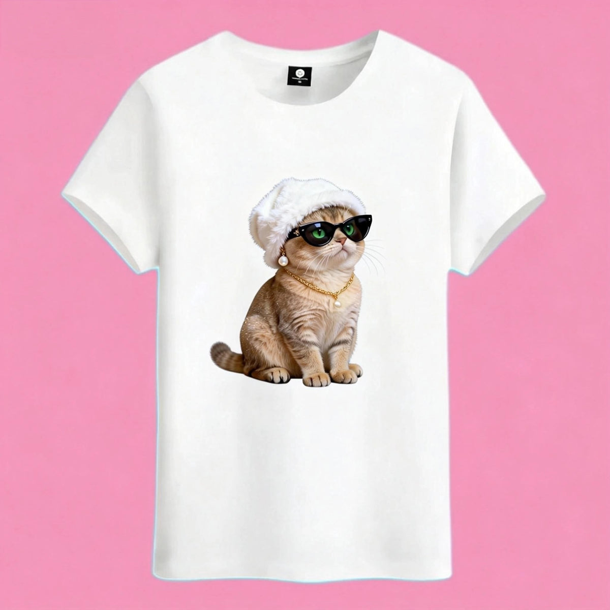 Sunny Brand rich cat t-shirt, front view of stylish cat with sunglasses and beanie printed on cotton tee