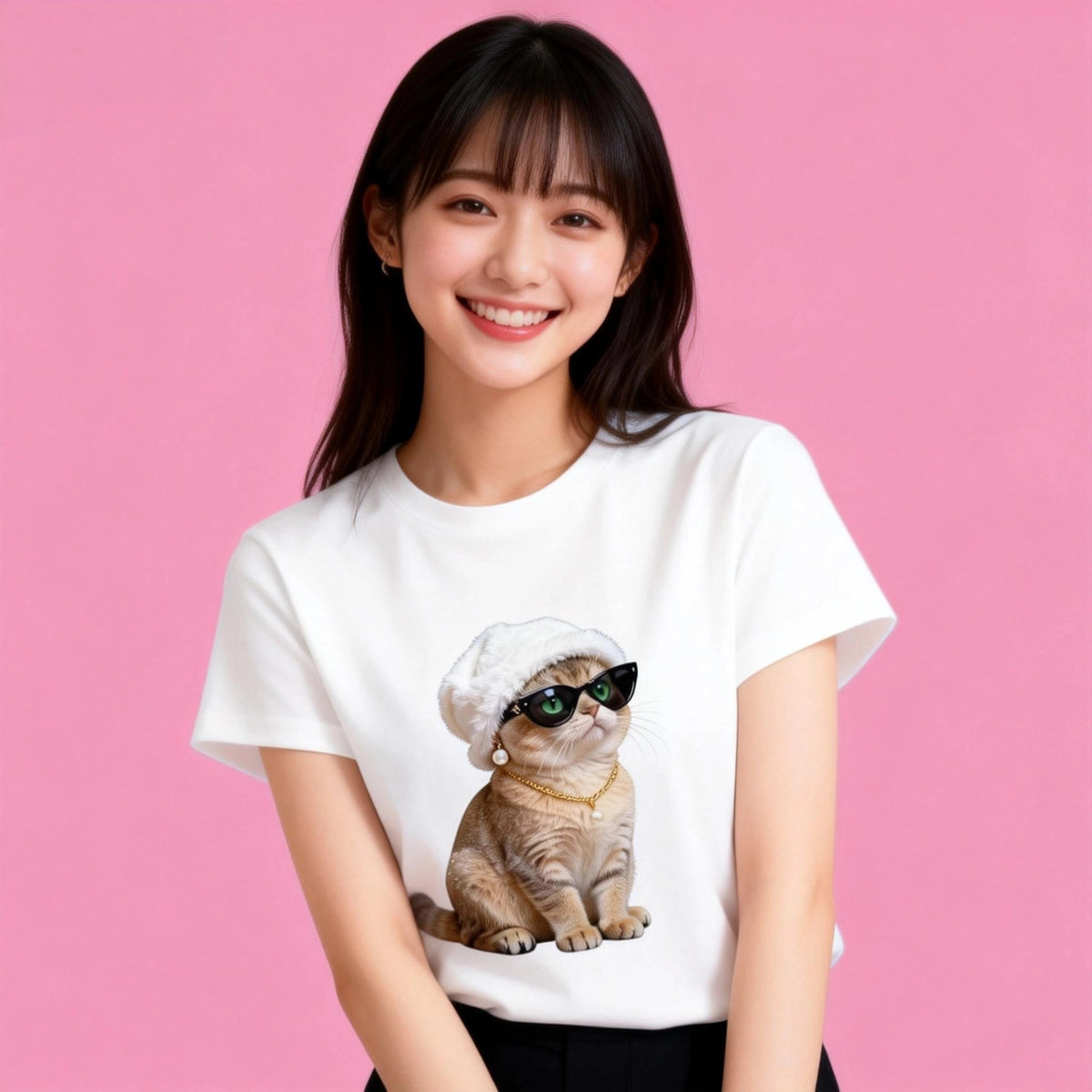 Woman wearing Sunny Brand rich cat t-shirt, stylish fashion cat graphic casual wear