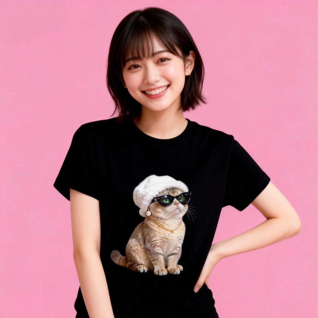 Lady wearing Sunny Brand rich cat t-shirt, unisex premium cotton stylish tee