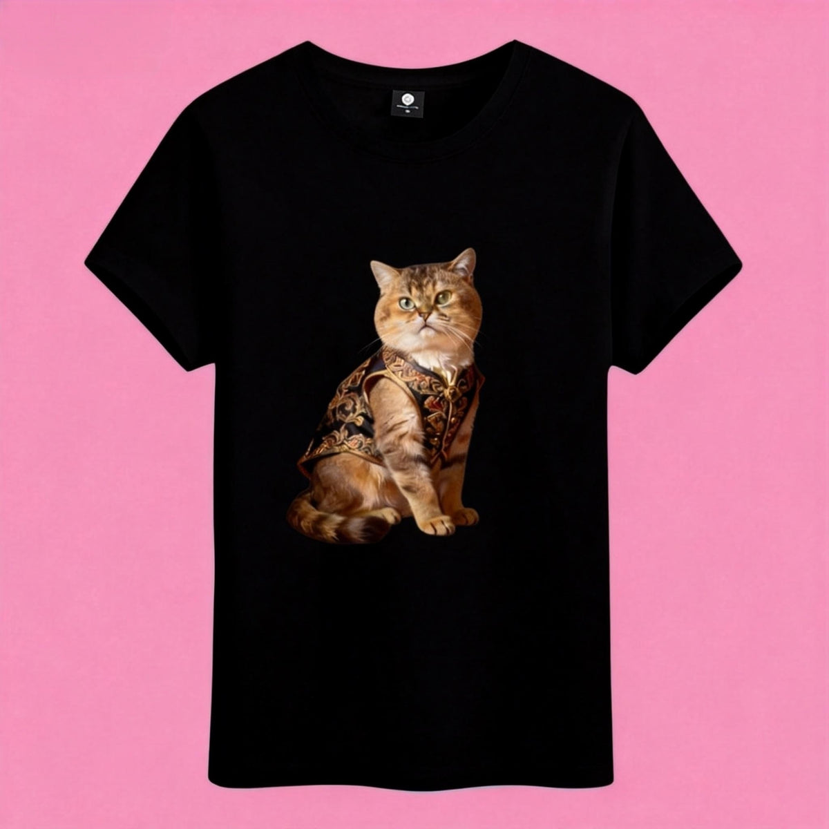 Sunny Brand royal cat t-shirt, front view of cat in UK royal robe printed on heavy cotton tee black color