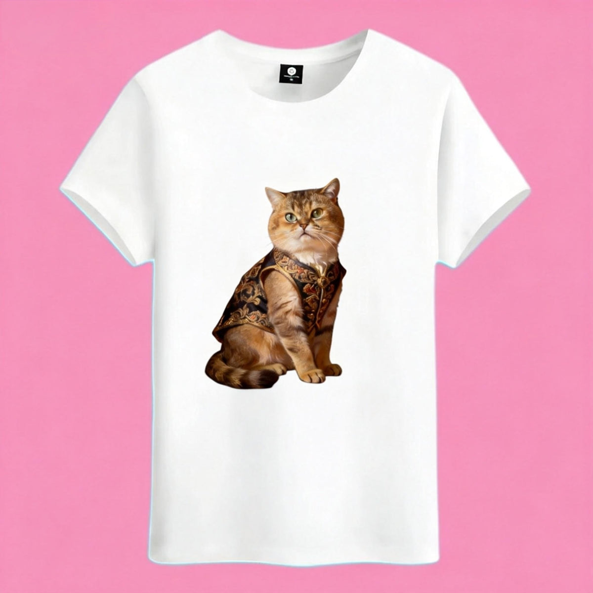 Sunny Brand royal cat t-shirt, front view of cat in UK royal robe printed on heavy cotton tee