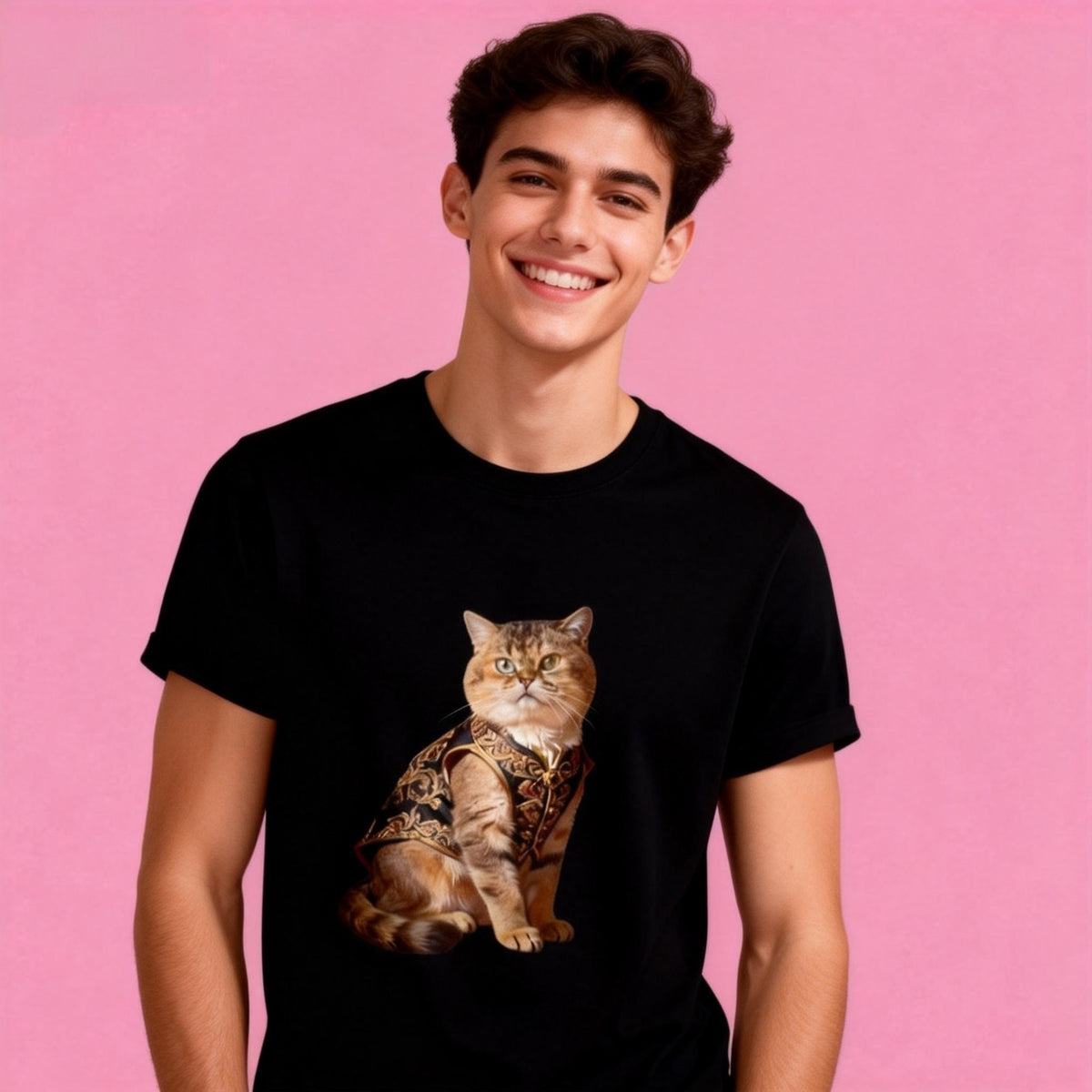 Man wearing Sunny Brand royal cat t-shirt, unisex heavy cotton tee with regal cat graphic