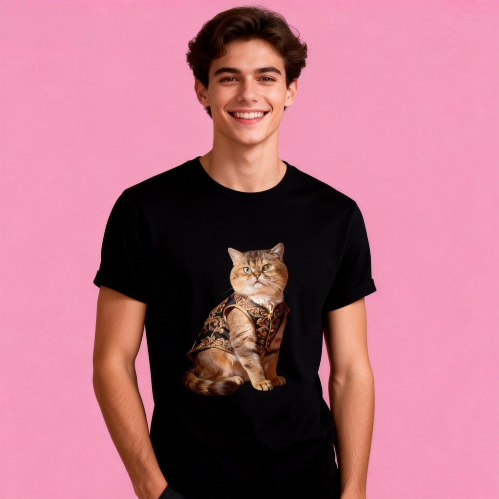 Male model in Sunny Brand elegant cat t-shirt, UK-style with royal cat design