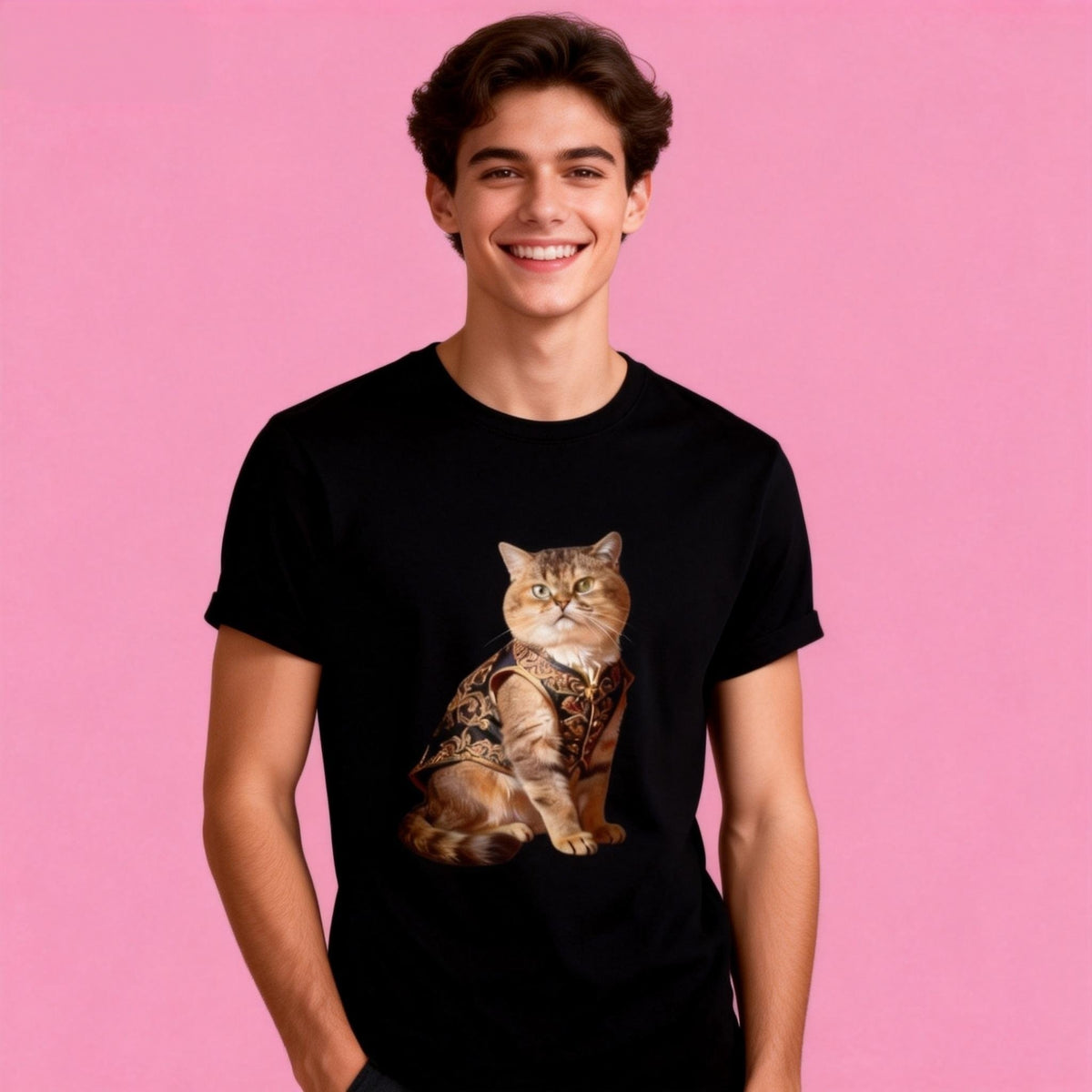 Male model in Sunny Brand elegant cat t-shirt, UK-style with royal cat design