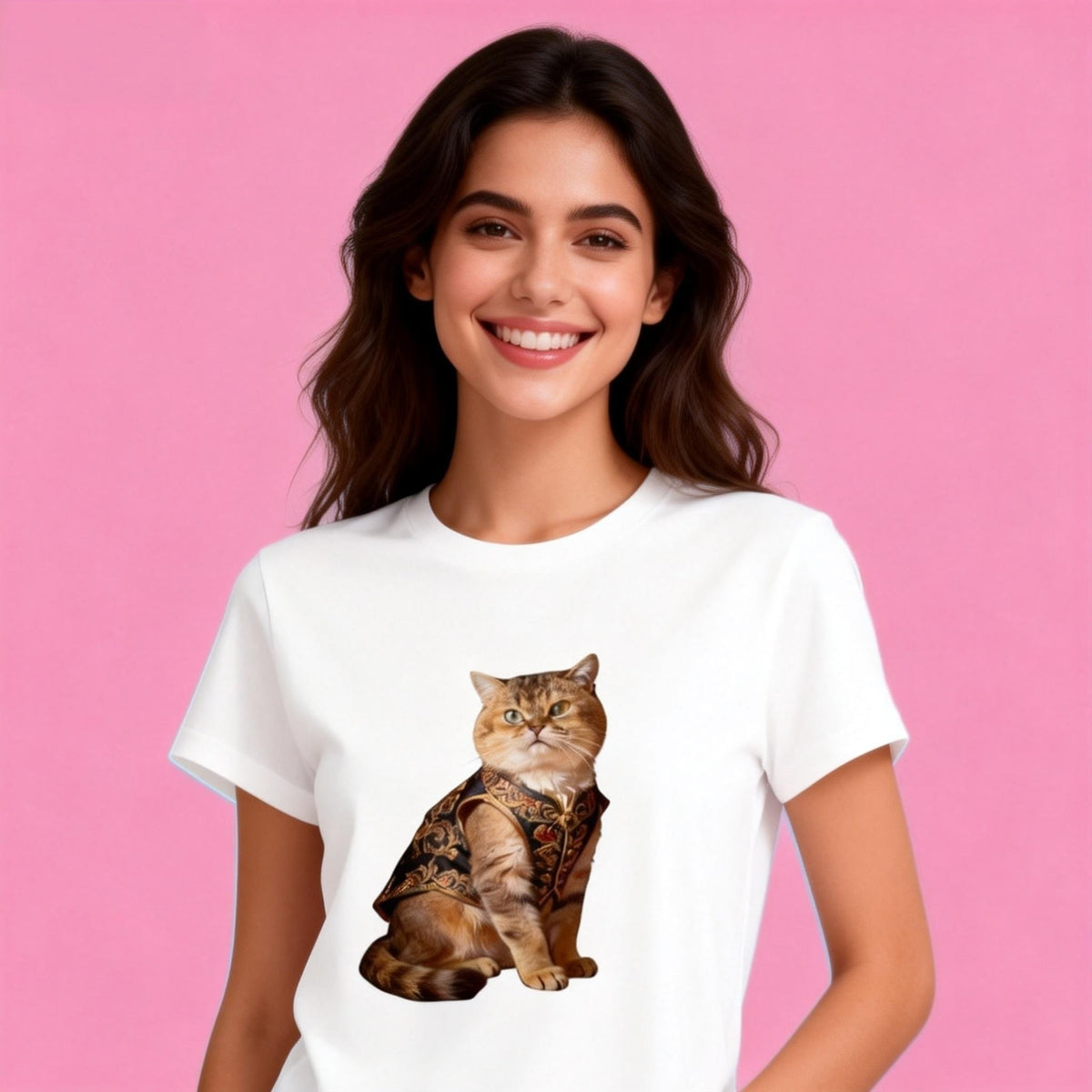 Woman wearing Sunny Brand royal cat t-shirt, elegant outfit with Chinese royal cat graphic