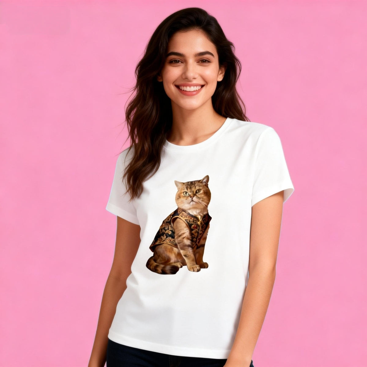 Female model in Sunny Brand cat t-shirt, regal royal cat design for casual wear