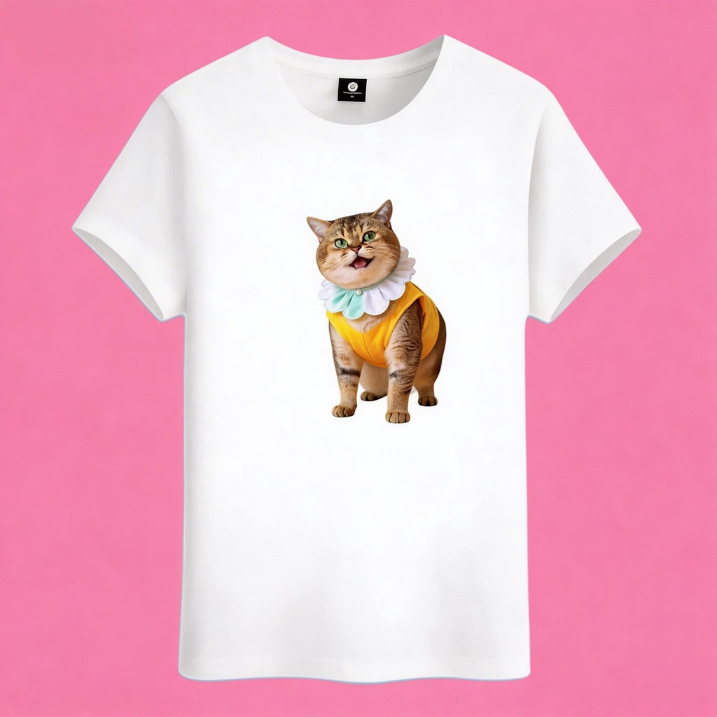 Sunny Brand ruffle collar cat t-shirt, front view of cute cat in orange outfit with blue bow printed on cotton tee