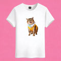 Sunny Brand ruffle collar cat t-shirt, front view of cute cat in orange outfit with blue bow printed on cotton tee