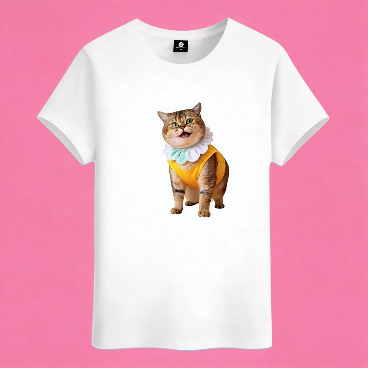 Sunny Brand ruffle collar cat t-shirt, front view of cute cat in orange outfit with blue bow printed on cotton tee