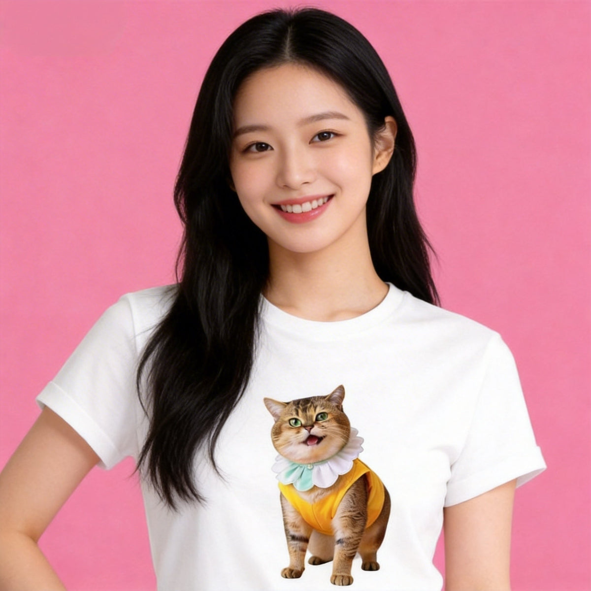 Woman wearing Sunny Brand ruffle collar cat t-shirt, sweet playful cat graphic casual wear