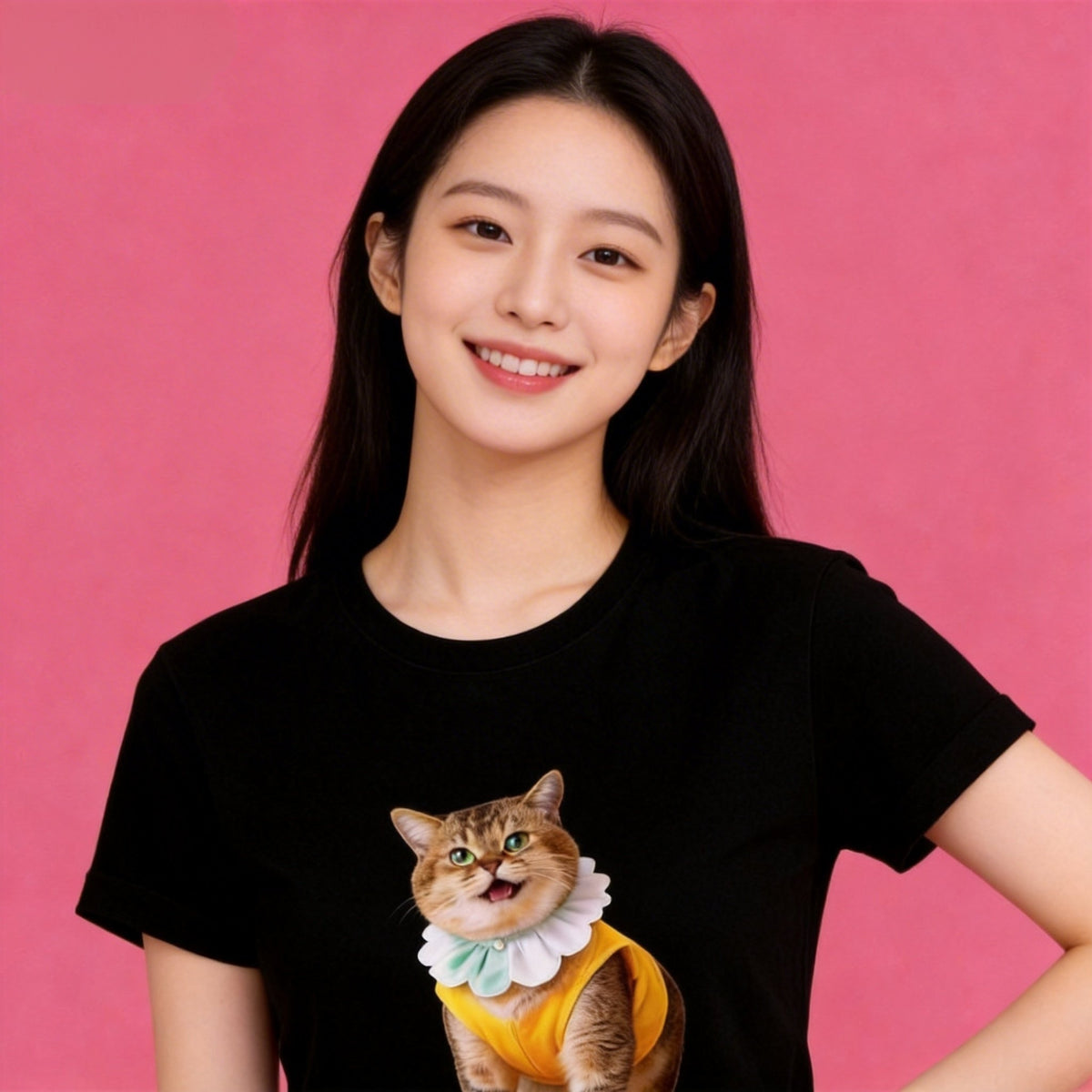 Lady wearing Sunny Brand ruffle collar cat t-shirt, unisex premium cotton playful tee