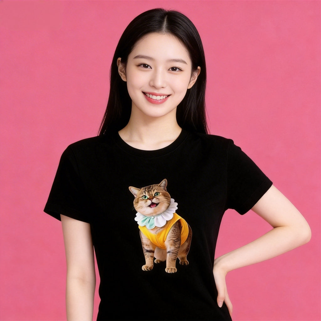 Lady model in Sunny Brand sweet ruffle collar cat t-shirt, fun casual street wear