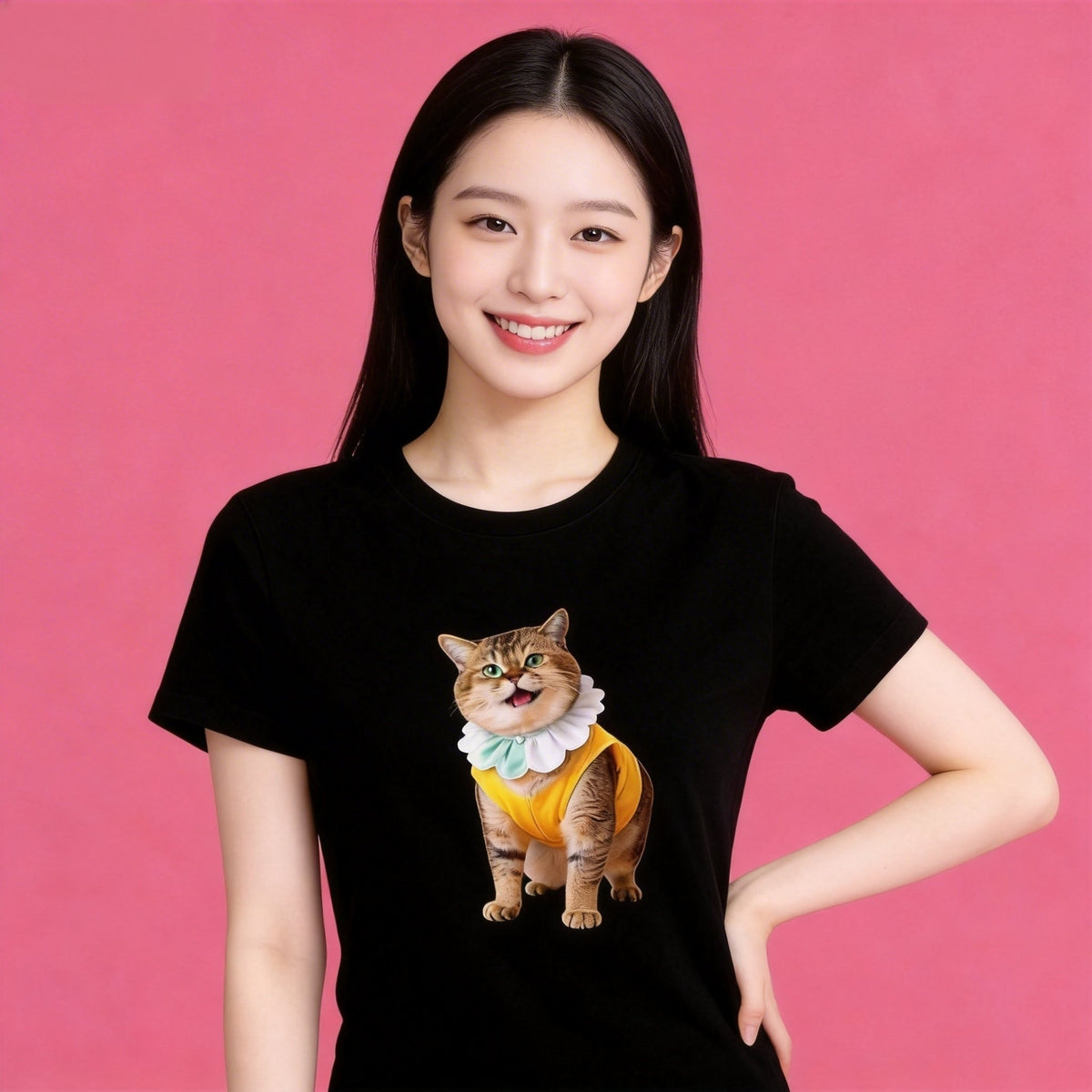Lady model in Sunny Brand sweet ruffle collar cat t-shirt, fun casual street wear