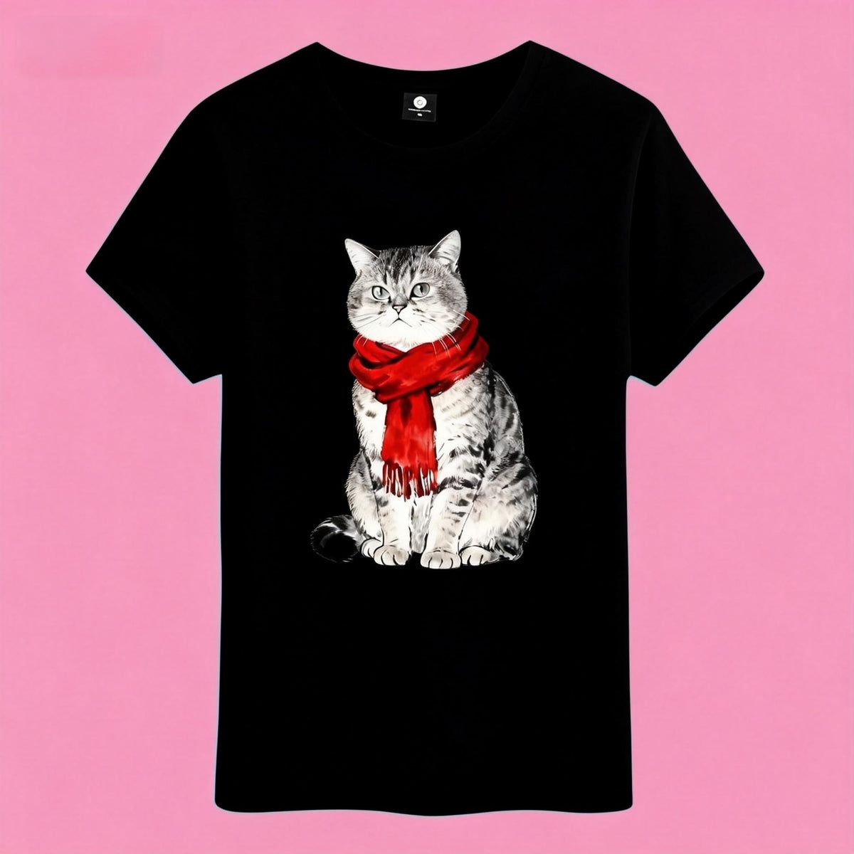 Sunny Brand scarf cat t-shirt, unisex heavy cotton tee with cozy cat graphic black color