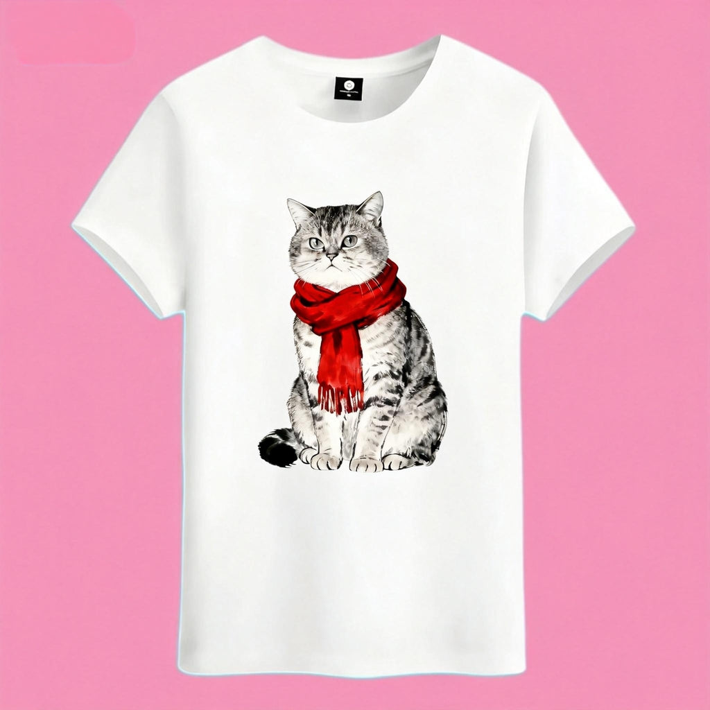 Sunny Brand scarf cat t-shirt, front view of tabby cat with red scarf printed on heavy cotton tee