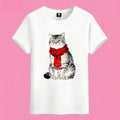 Sunny Brand scarf cat t-shirt, front view of tabby cat with red scarf printed on heavy cotton tee